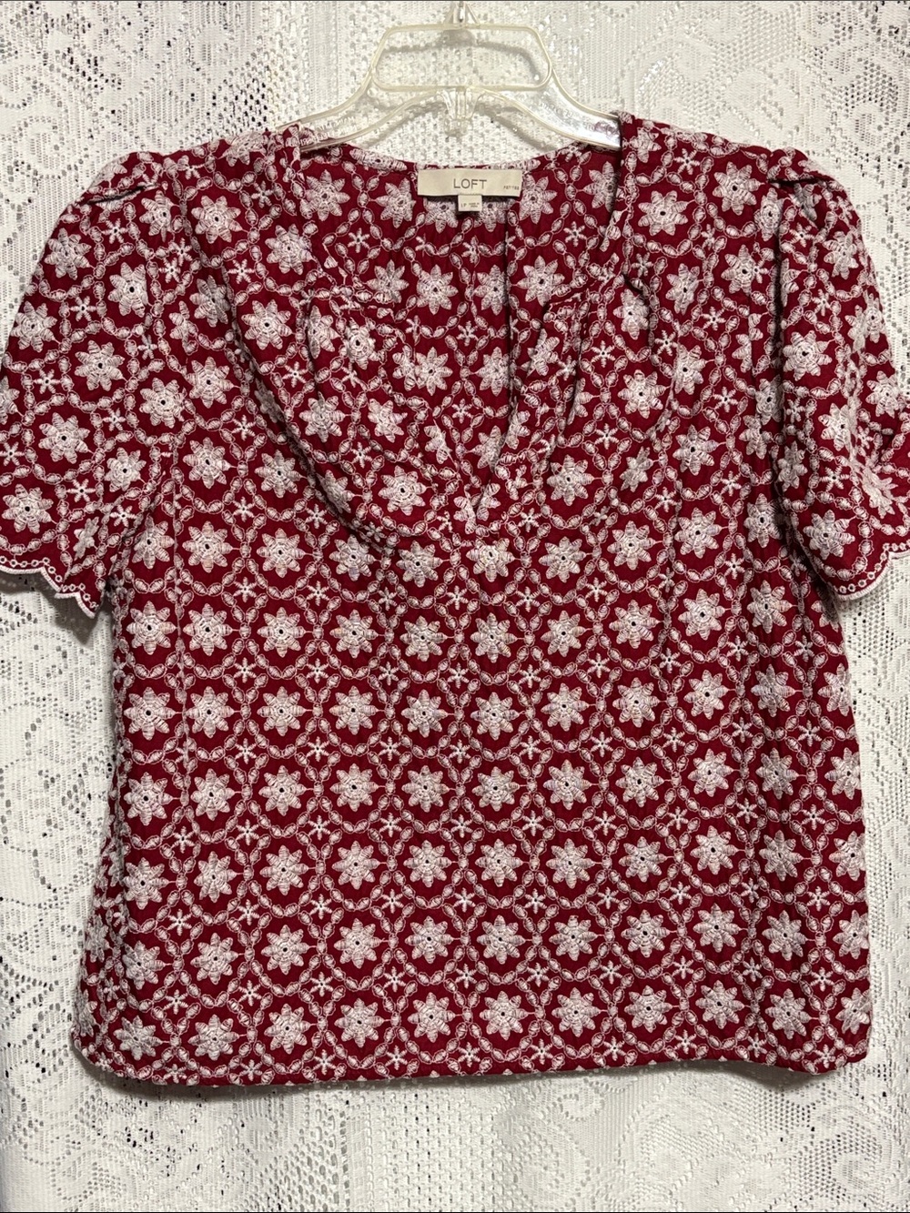 LOFT Red Embroidered-Overlay Short Sleeve Blouse PL Cotton